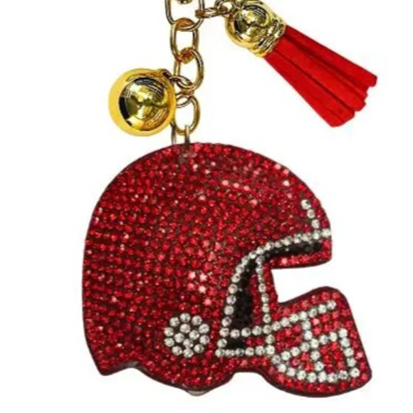 Football Helmet Crystal Keychains Bag Charms Red White - Picture 2 of 2